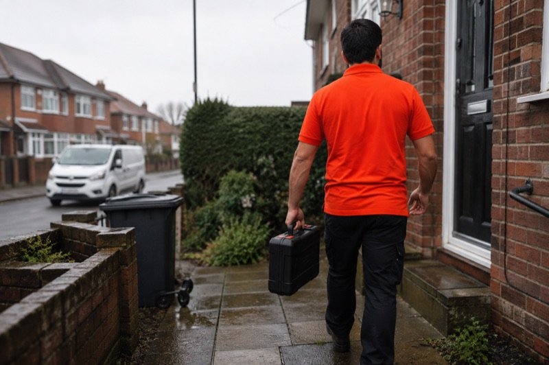 A PhoneMender technician walking up a front path with a tool case, the van parked on the street behind him.