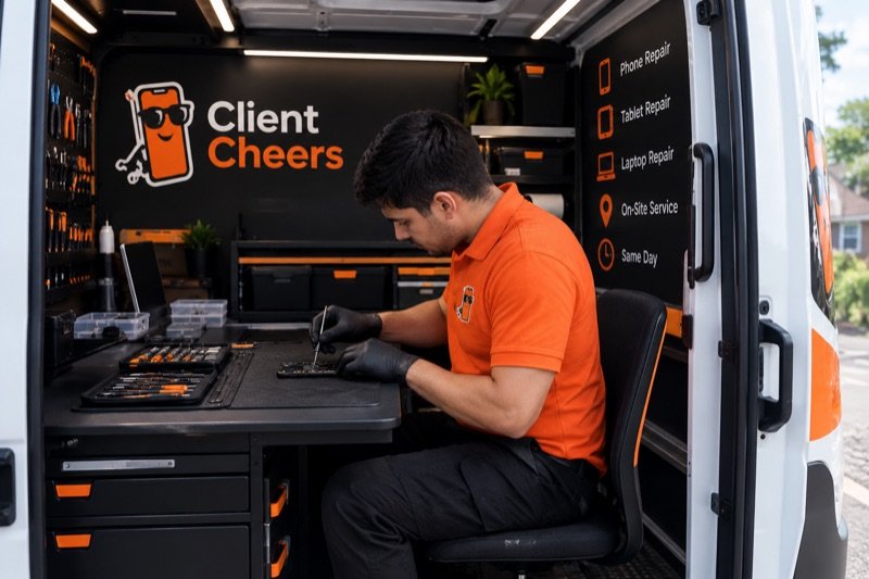 A technician working on an opened phone at the fitted bench inside the PhoneMender van, parts drawers and tools laid out beside him.