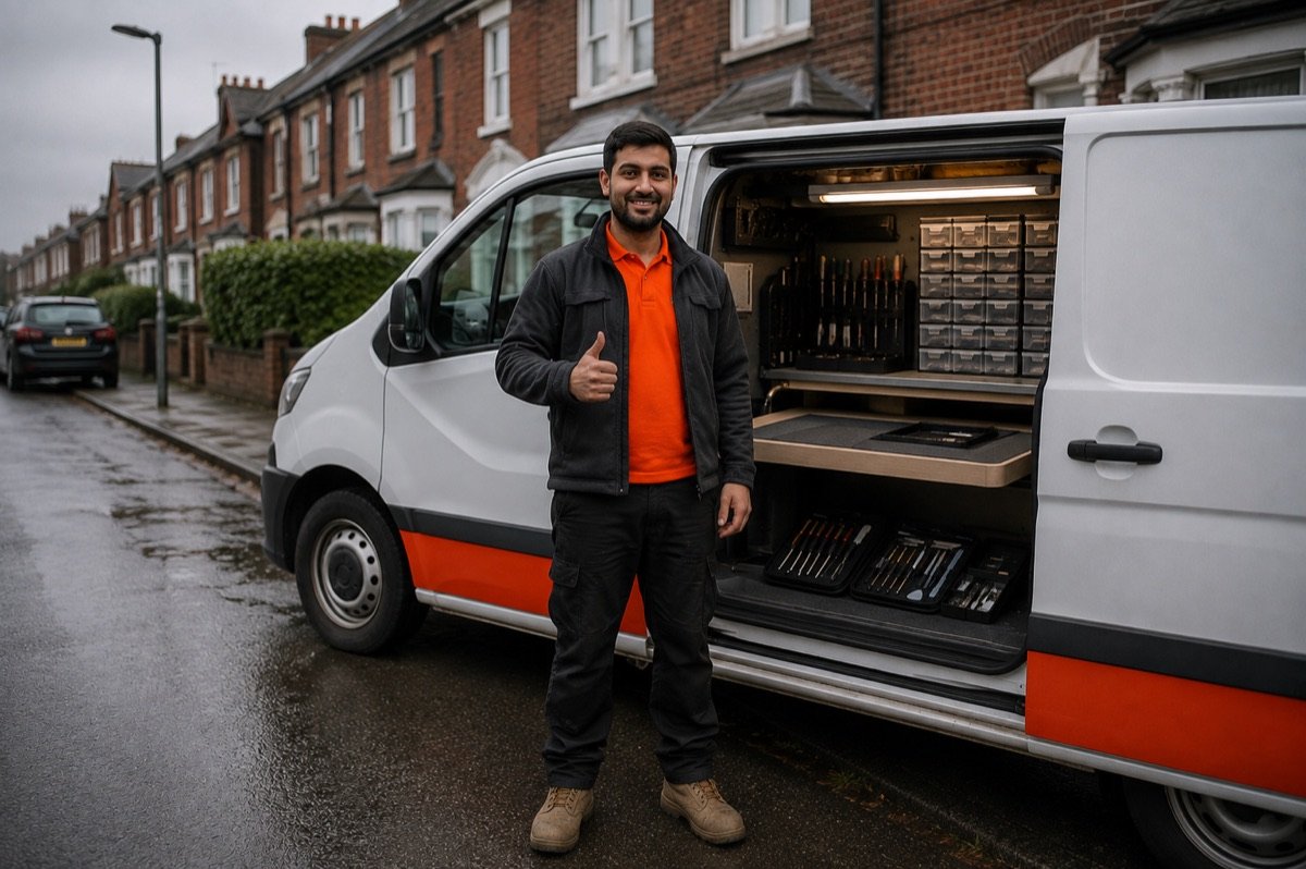 A PhoneMender technician standing beside the van with the side door open, tool rolls and parts drawers visible inside.